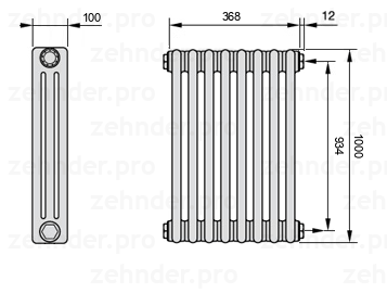 Схема (чертеж) Радиатор Zehnder Charleston 3100/8 №7610 Белый глянцевый RAL 9016
